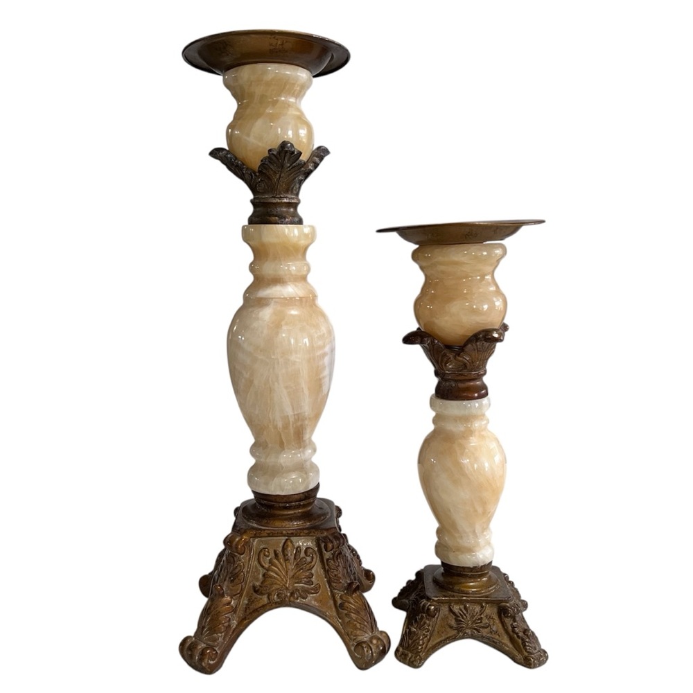 Vintage Set Of Art Deco Alabaster and Brass Candlestick holders 2